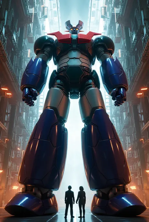  A very realistic giant version of Great Mazinger Z, the great hero with a customized whole body, Im standing in a forward position at the height of a tall tower .  reactor equipment production line constructed with modern materials such as steel ,  Carbon...