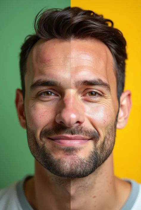 "Create a vibrant comparison image of a mans facial transformation over 7 days. The left side should show a dull and acne-affected face with uneven skin texture. The right side should display the same man with glowing, clear, and smooth skin, radiating con...