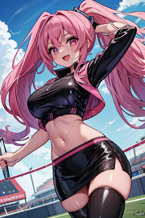 1 girl, shiny skin, best quality, masterpiece, ultra high res, cute, looking at viewer, black clothes with pink line, race queen, bandeau top, navel, midriff, midriff jacket, pencil skirt, thighhighs, gigantic breasts, long hair, ponytail, smile, holding f...