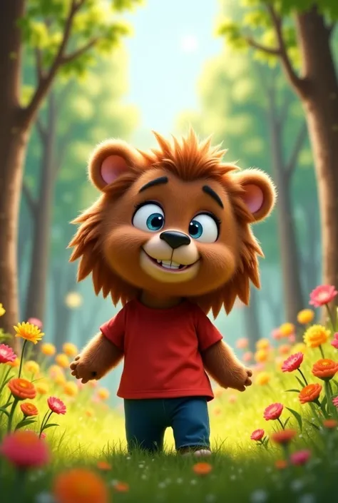 A lush green forest with tall trees and colorful flowers. A Pixar-style cute bear with a large, fluffy mane, big blue eyes, wearing a red t-shirt and blue pants is sniffing the air, following the scent of honey. The atmosphere is sunny and serene, with sof...