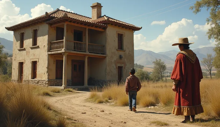  An image where you can see that a Peruvian countrywoman invaded land that was not hers and built her luxurious two-story house but also that you can see that a boy arrived with an eviction order for the countrywoman and that the countrywoman wears the typ...