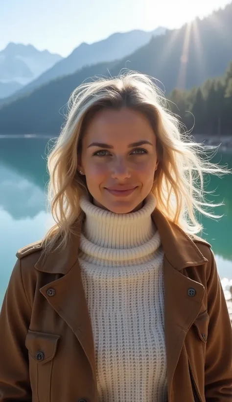 A 38-year-old woman in a white sweater and brown jacket, standing near a mountain lake, her face illuminated by the sun.