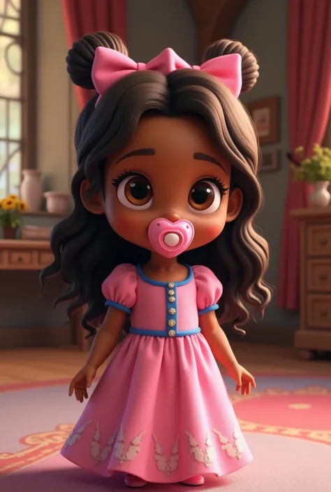 Create Kingdom Hearts style a beautiful little black baby with brown eyes with long wavy brown hair with a pink pacifier in her mouth with pink bows on her head wearing a pink dress with blue details in a medieval bedroom