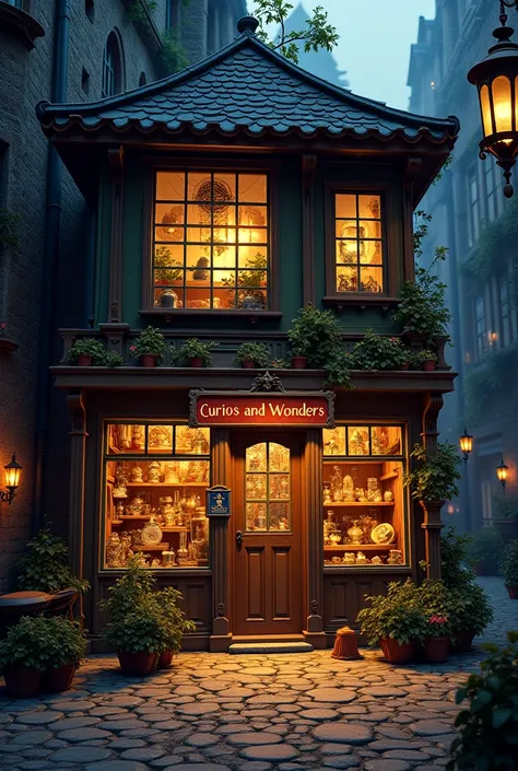 Image prompt: A small, mysterious shop with a sign reading "Curios and Wonders" and a warm, inviting glow emanating from within.