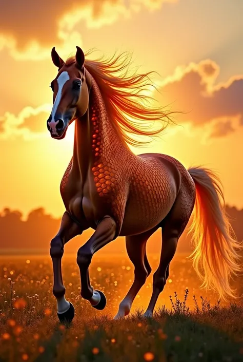 A majestic horse with koi fish scales in bright orange, gold, and black, replacing its fur. Its mane flows like translucent fins in the wind, glowing in golden light as it gallops through a shimmering meadow under a glowing sunset sky.
