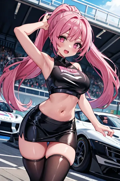 1 girl, shiny skin, best quality, masterpiece, ultra high res, cute, looking at viewer, black clothes with pink line, race queen, bandeau top, navel, midriff, sleeveless, pencil skirt, thighhighs, gigantic breasts, long hair, ponytail, smile, racing car, r...