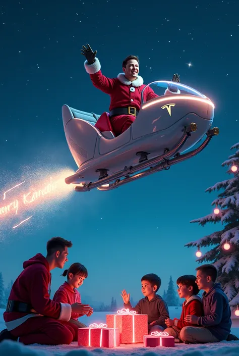 Elon Musk flying off into the starry night, leaving behind a glowing trail that spells “Ozempic Santa: Merry Christmas 2.0.” The Tesla sleigh is illuminated with neon lights, and robotic reindeer pull it gracefully through the sky. Below, families gather a...