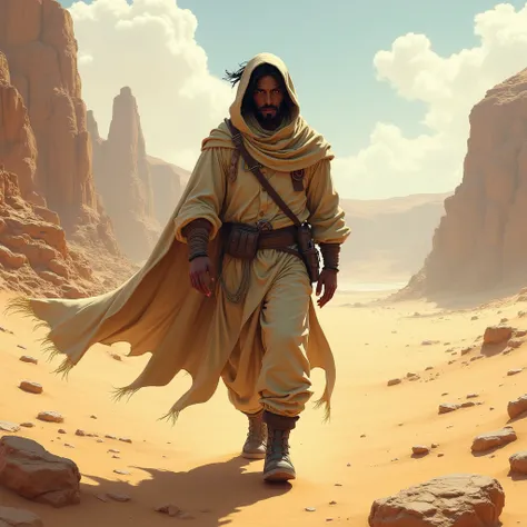 one man, desert , brown skin, desert clothes, hood over head, desert traveler black hair, gold eyes