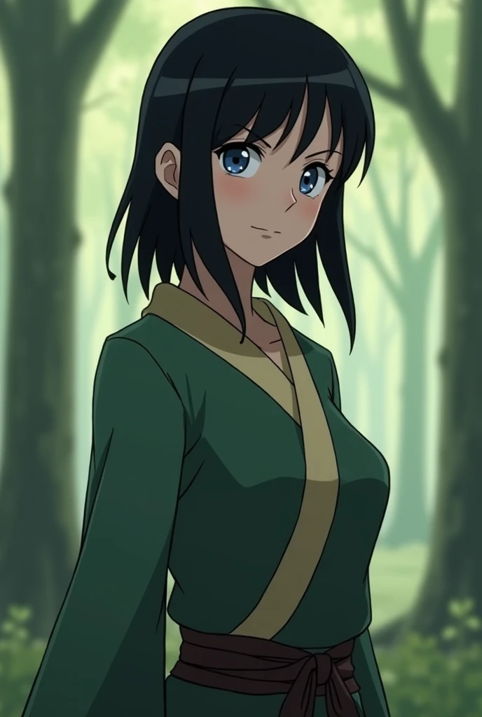 Make an anime of a girl from the anime Avatar: the legend of korra. She has black hair, bangs and shoulder length hair. Blue eyes and the background is in a forest, Her clothes are like in the anime Avatar