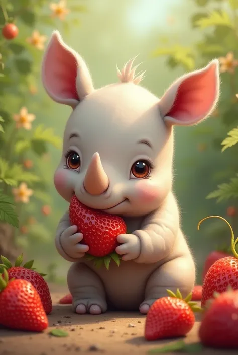 Cute and cuddly little rhinoceros , Pretty and tender eating strawberries