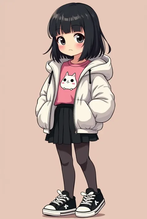 asian girl, cute face, 18 years old, teenager, pretty, petite, black hair, bangs, white open puffer crop top jacket, pink crop top with cartoon cat on it, black short skirt, tights, black and white sneakers, serious face