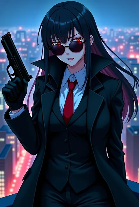 Anime Girl in Black Suit and red tie,  with black trench coat , long hair , red eye,round sunglasses, hold pistol,Black glove, on Building Roof Top ,night , Blue city,angry face ,anime style