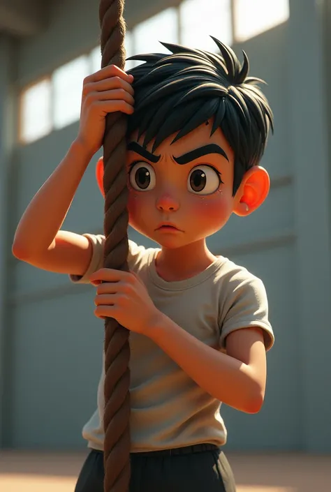 A boy of  climbs a rope 