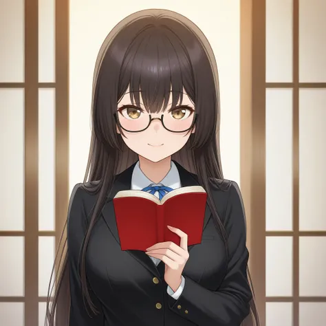 Please generate an image under the following conditions。  · Anime style · dark-haired woman in her late 20s with black rimmed glasses · reading a book · square shape · long straight hairstyle · black rimmed glasses are square type for men · bust up · Pleas...