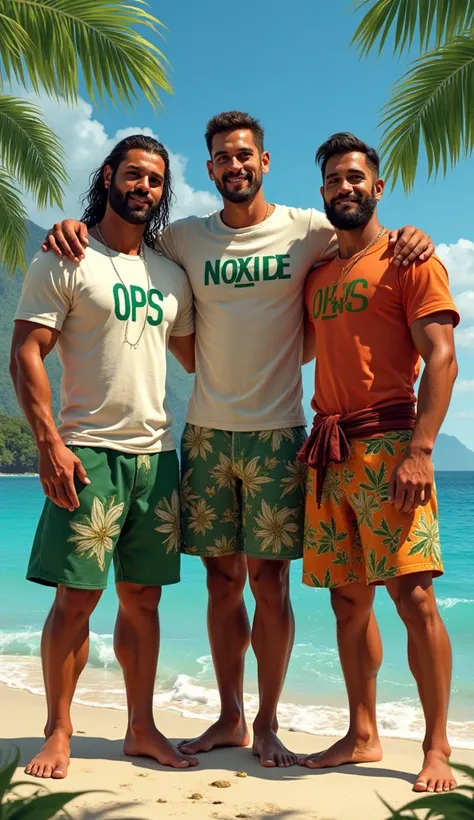  I would like three typical Polynesian men from Tahiti . All 3 are muscular and well-groomed . One man is wearing a T-shirt that says  "OPS NOXIDE", le second homme porte un t-shirt où est écrit "OPS TOONS"  and the third man is wearing a T-shirt that says...