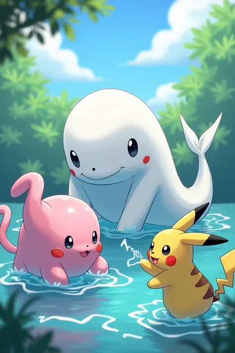 Pokemon Ditto playing with pokemon Lapras and Pokemon pikachu