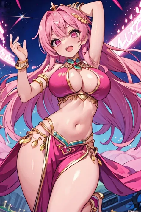 1 girl, shiny skin, best quality, masterpiece, ultra high res, cute, looking at viewer, pink costume, belly dancer, harem outfit, crop top, navel, midriff, cleavage, jewelry, gigantic breasts, long hair, pelvic curtain, smile, racing car, arabian backgroun...