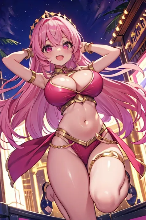 1 girl, shiny skin, best quality, masterpiece, ultra high res, cute, looking at viewer, pink costume, belly dancer, harem outfit, crop top, navel, midriff, cleavage, jewelry, gigantic breasts, long hair, pelvic curtain, smile, racing car, arabian backgroun...