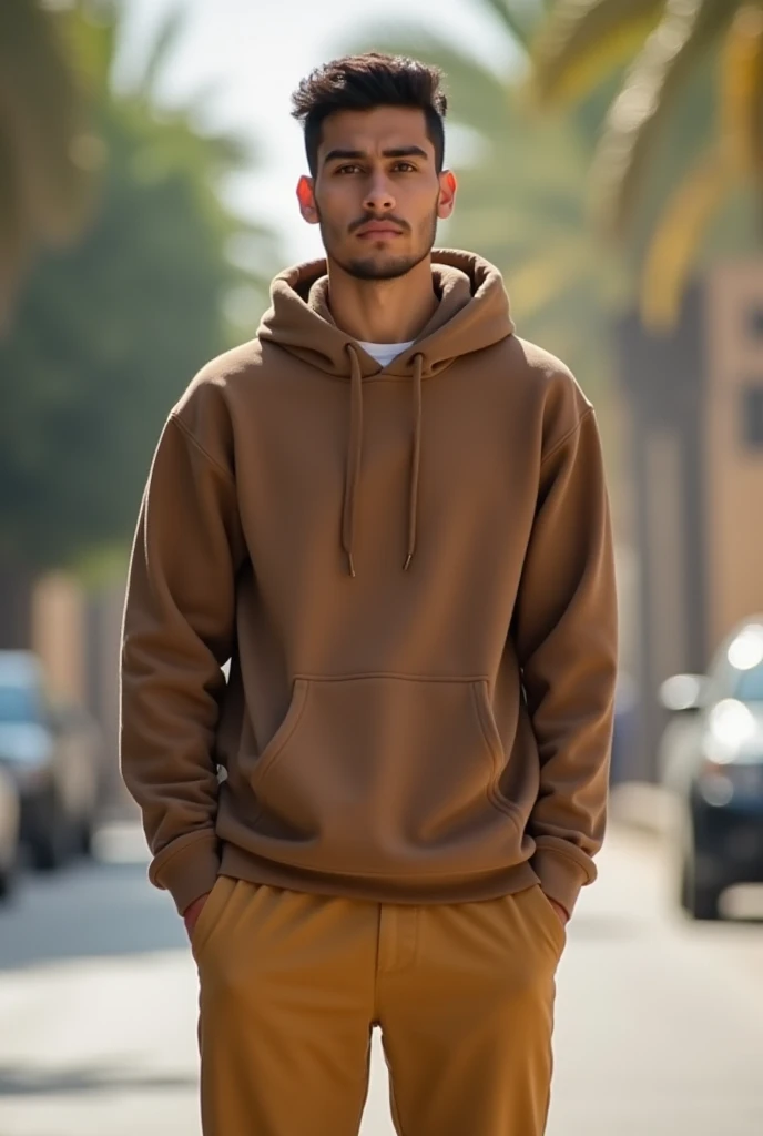 I want a picture of a young man standing in the street, and there are some trees in the street, and it appears that this street is in an Arab country, and the picture is somewhat realistic. This young man is wearing a brown hoodie and dark yellow trousers,...