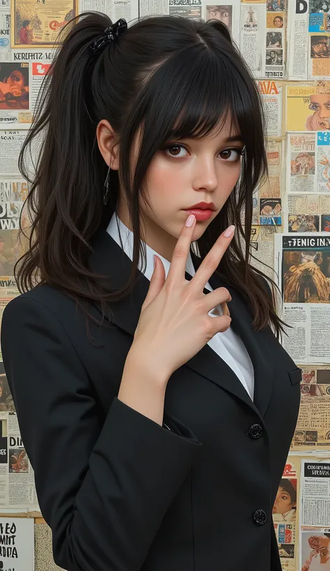 masterpiece, super detailed , 8k, Jenna Ortega、 1 girl, shiny Droopy eyes, Droopy eyes, Big Iris:1.5, Big Iris:1.5, (( pop art )), Surrounded by a chaotic collage of newspaper and magazine clippings creating a dynamic, textured background 、 Create an ima...