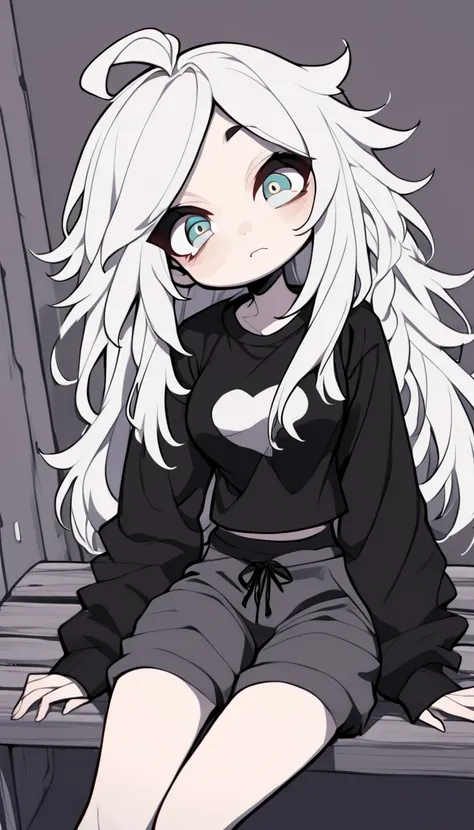 1girl, anime, beutiful, cute, sexy, wearing oversize black top only, wearing black sweatpant, medium breast, long hair, tomboyish styles, anime, big droppy eyes, black-white hair, cool, sitting at the bench,