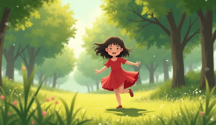 Nine-year-old girl in a little red dress playing in a park 