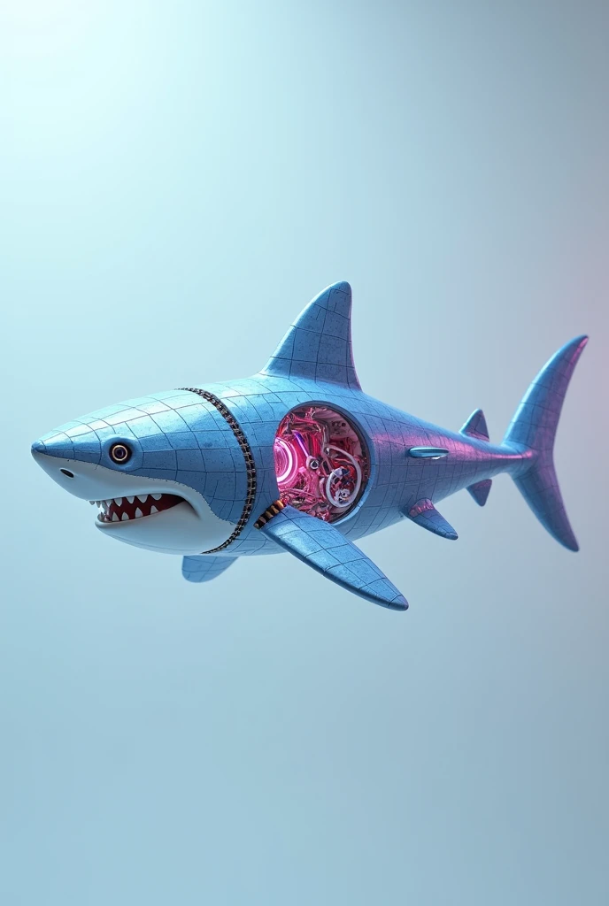 On an all-pastel background, a mechanical shark, from a side view, covered with a blue and white wooden dick pattern, glossy like a glazed tile surface, renders as a film, in a 4D style, dreamy and romantic, Raytracing, Brandon Werfel, delicate material, d...