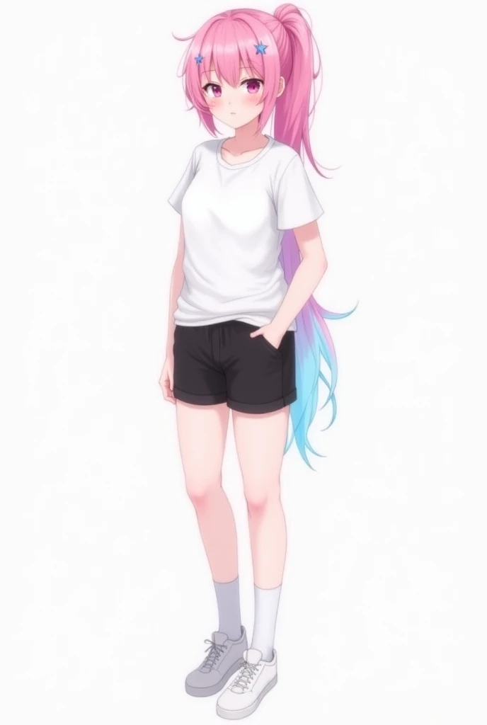  I want an image that reflects the main points. Male, 18 years old. Appearance: Pink hair mixed with light blue (pink to the waist and the rest is light blue) that is long to the hips (tied into a ponytail). Has a pretty and cute face. Has pink eyes with s...