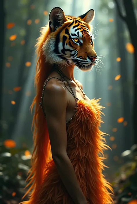 "Create a mythical hybrid creature that combines the essence of a tiger and a woman. The creature features a tigers majestic head with vivid orange and black stripes, glowing amber eyes, and sharp feline features. The body is that of a graceful woman but c...