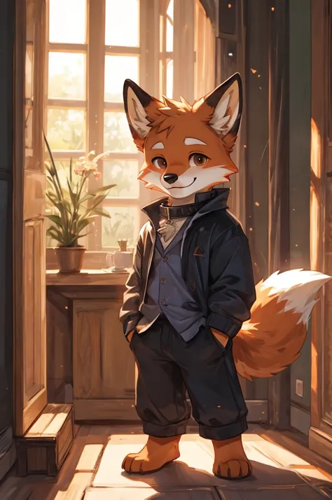 Solo, cute anthro furry male fox, anthropomorphic, brown eyes, brown ears, brown tail, cute snout, in a cozy cabin, wearing blue shirt, black pants, standing in the garden, smiling, park, close up, looking at viewer, (two-tone fur), (orange fox), cute, ado...