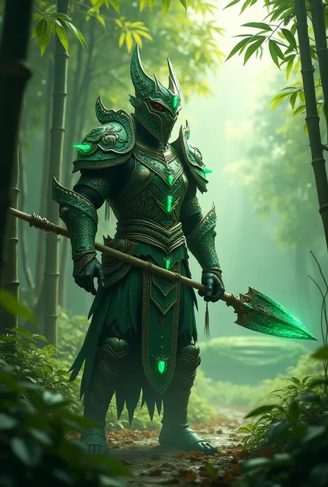 The monster :  The Wächter is an imposing warrior with traditional Vietnamese armor,  decorated with green and white patterns ,  the colors of the club Ang Anh Gia Lai represent .  He wears an artfully designed spear weapon ,  decorated with green gemstone...