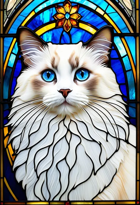 a stained glass picture of a ragdoll cat ピクサベイ,  masterpiece stained glass ,  on a stained glass window,, a cute cat,  Beautiful cat,  Cats are fluffy , Classy cat, Handsome,  blue eyes,  blue eyesをした猫が青い表面に座っています, Cat Pictures,  fluffy cat , Awesome cat, ...