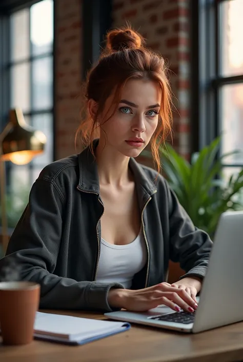 "A strikingly elegant woman sits in a modern industrial workspace, her posture poised yet relaxed as she works intently on her laptop. Her auburn hair is tied into a loose messy bun, with delicate strands of dark purple streaks framing her face. Her pierci...