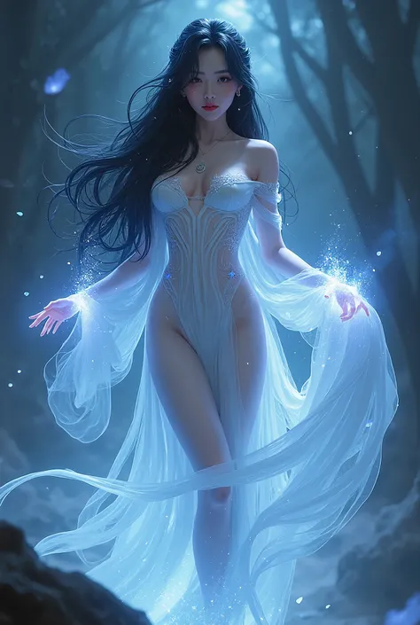 Create douyin character;
{background: night}, white skin,
realistic, HDR, beautiful, full body, age 20, name card: “LynnA”, female, black hair, long hair, glow light, use magic 