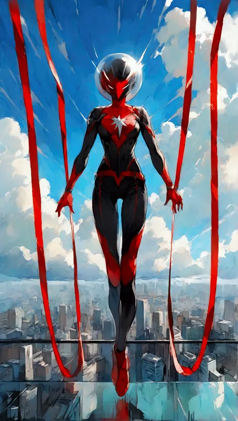 Image is a digital illustration featuring a dynamic scene of a superhero in mid-air. The style is vibrant and comic-like, with bold colors and clean lines. The layout is vertical, focusing on the superhero who is wearing a sleek black and red suit with a h...