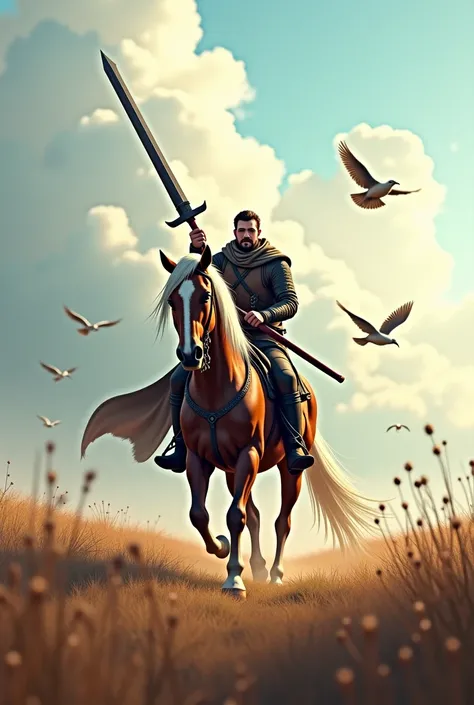 there is a man riding a horse through a field with birds flying around, digital art by Kerembeyit, Artstation contest winner, fantasy art, 4k highly detailed digital art, epic digital art illustration, horse warrior, hq 4k phone wallpaper, epic fantasy dig...