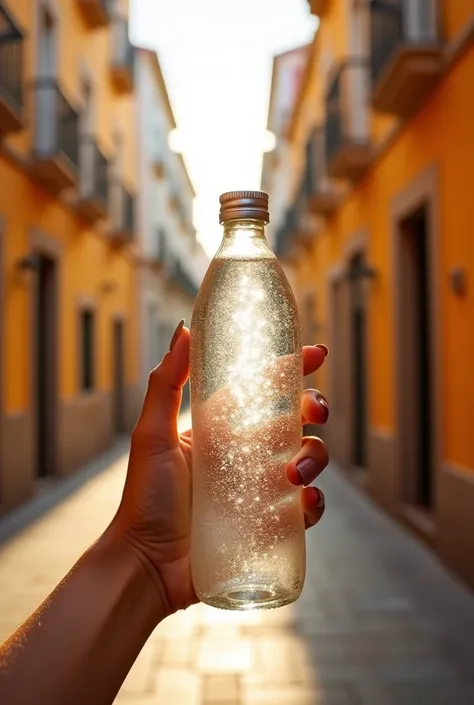  Create an image of a womans hand delicately holding a transparent bottle of water against the vibrant backdrop of the streets of Málaga. The focus should be on the bottle, capturing its design and the glistening water inside. Let the warm, sunlit colors o...