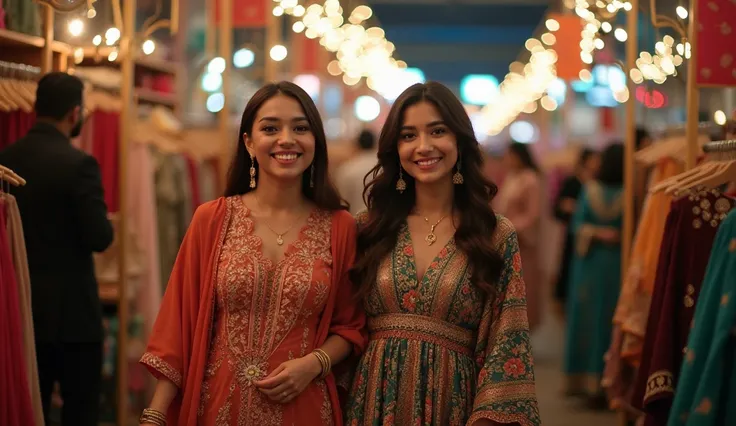 At New Yorks bustling Eid Bazaar, beautiful women are immersed in the vibrant atmosphere as they explore an array of stalls filled with exquisite clothing. The air is alive with excitement as they browse through colorful fabrics, intricate designs, and sty...