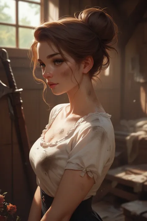  A beautiful and cute girl with long brown hair tied to a messy bun shows up at an abandoned house holding an improvised weapon, Your clothes look like those of an apocalypse survivor , its dirty.