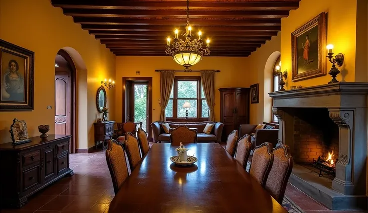 The interior of Don Esteban’s colonial-style house exudes an air of grandeur and tradition, with details steeped in history. The spacious living area is framed by tall, arched doorways and walls painted in muted earth tones. Heavy wooden beams stretch acro...