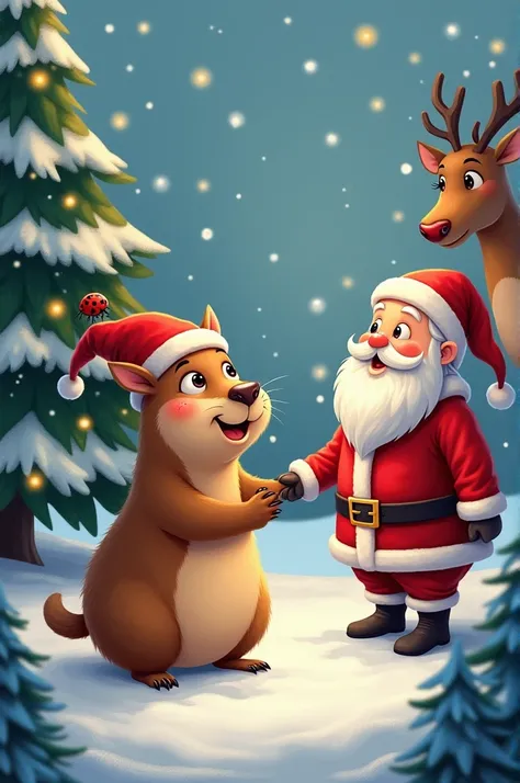 Capybara visiting Santa Claus and Rudolph the Reindeer with Lady Bug