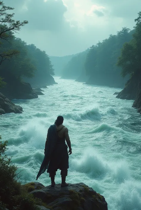 "A wide, rushing river with turbulent currents. Arjun stands on the riverbank, looking across the water with determination. The forest continues on the other side."
