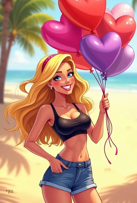 A vibrant, cartoon-style illustration of a blonde woman with flowing hair, wearing a black crop top and denim shorts. She is holding a bunch of heart-shaped balloons in bright, cheerful colors like red, pink, and purple. The woman should have a joyful, car...