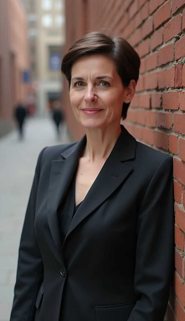 A 38-year-old woman with short hair, wearing a tailored suit, standing against a brick wall in an urban setting.