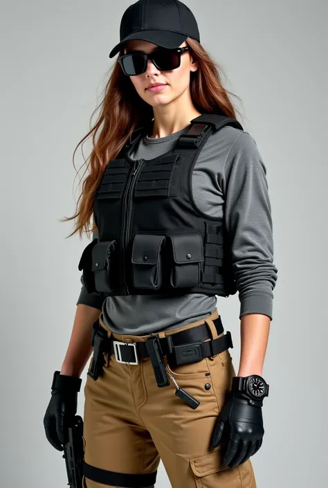  Image of a Caucasian woman with long brown hair loose wearing a black boot, Coyote pants over the waist of the boot ,  black tactical belt with a pistol on the right side and a knife on the left, Long sleeve gray shirt , Black tactical vest, black gloves,...