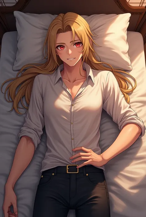 Anime man with long straight gold hair and crimson eyes lying on the bed , full body poses , up camera , best qualityer, 8k, extremely detaild,anime styling (full body pose )