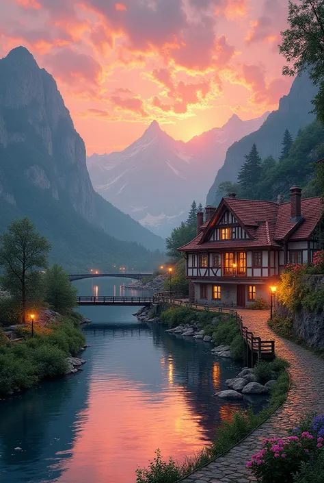 a small village by the river, mountains in the background, floral flowers colorful, detailed landscape, Beautiful natural landscapes, atmospheric lighting, scorching sunset, warm colours, practical, photopractical, Detailed Foliage, complex buildings, cobb...