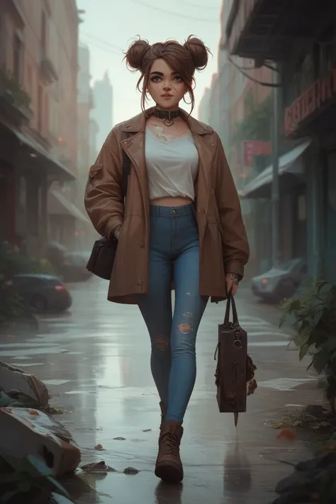  A beautiful and cute girl with long brown hair tied to a messy bun performs in an abandoned city holding an improvised weapon and walking, Your clothes look like those of an apocalypse survivor , wearing over everything a brown jacket with fur on the coll...