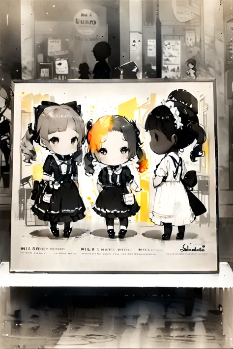 (Silhouette painting:1.2 )、 an old picture with a strong sepia color、Eni Hagare 、(Saturation: -1.5) 、 2 maid girls with twin tail hairstyles are shopping in town、 1 is normal tall 、 ( 1 The other one is Ultra Chibi  :1.2) 、Minimal、Pop Color、 Vivid Colors、 ...