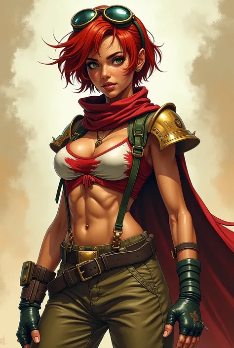 [Deep Tan-skinned Arabian] short female fighter, with (Egyptian facial traits).
Thick fat lips.
Freckles.
Intense sweating.
Short messy red hair.
Very long sideburns.

Steampunk aviator glasses on hair.

Long scratched cape.
Shoulder pads.
Red, white and g...